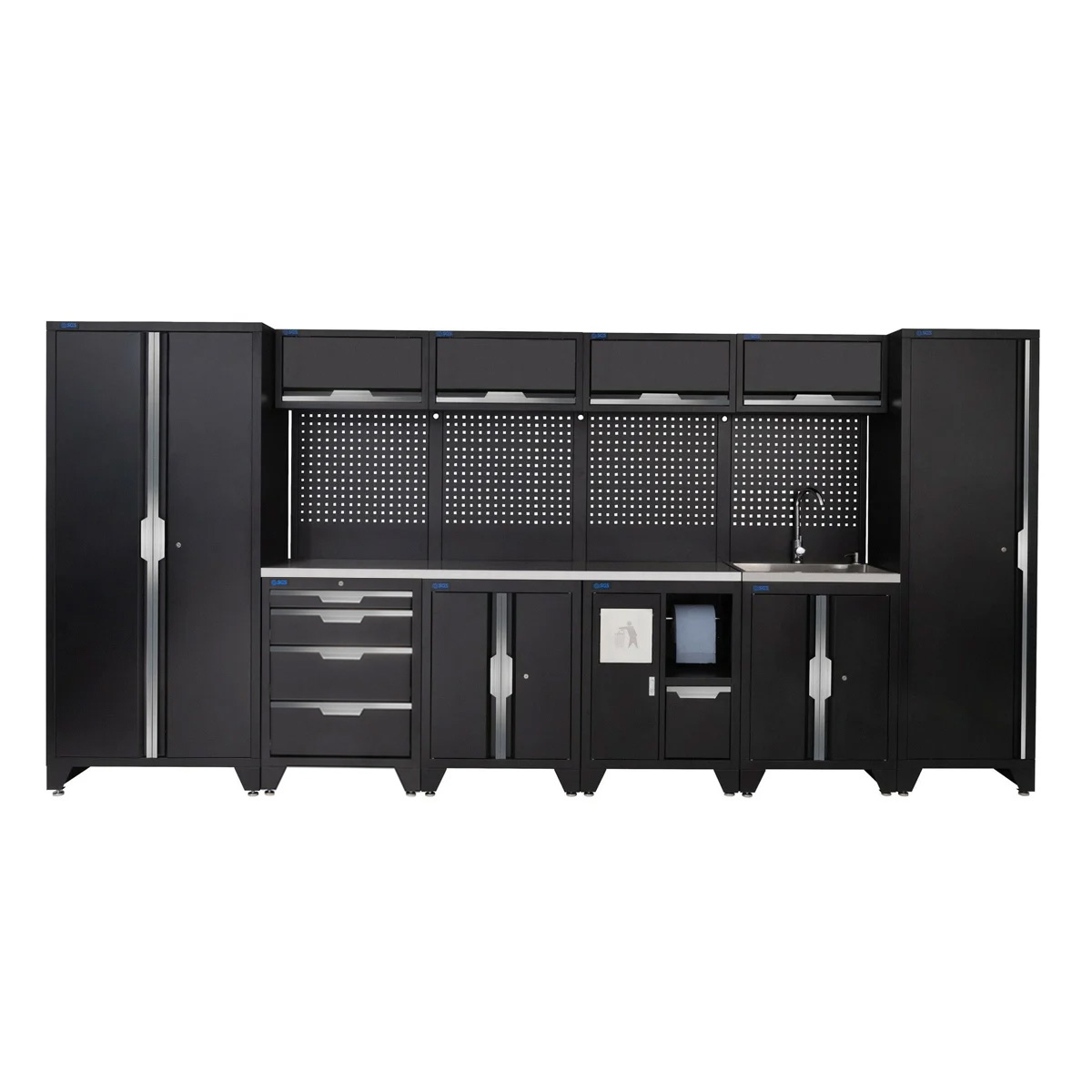 SGS 14pc Garage Storage System | 4 Drawers | Stainless Steel Worktop | Floor Cabinet | Tall Single & Double Cabinets | Bin Unit | Sink Unit